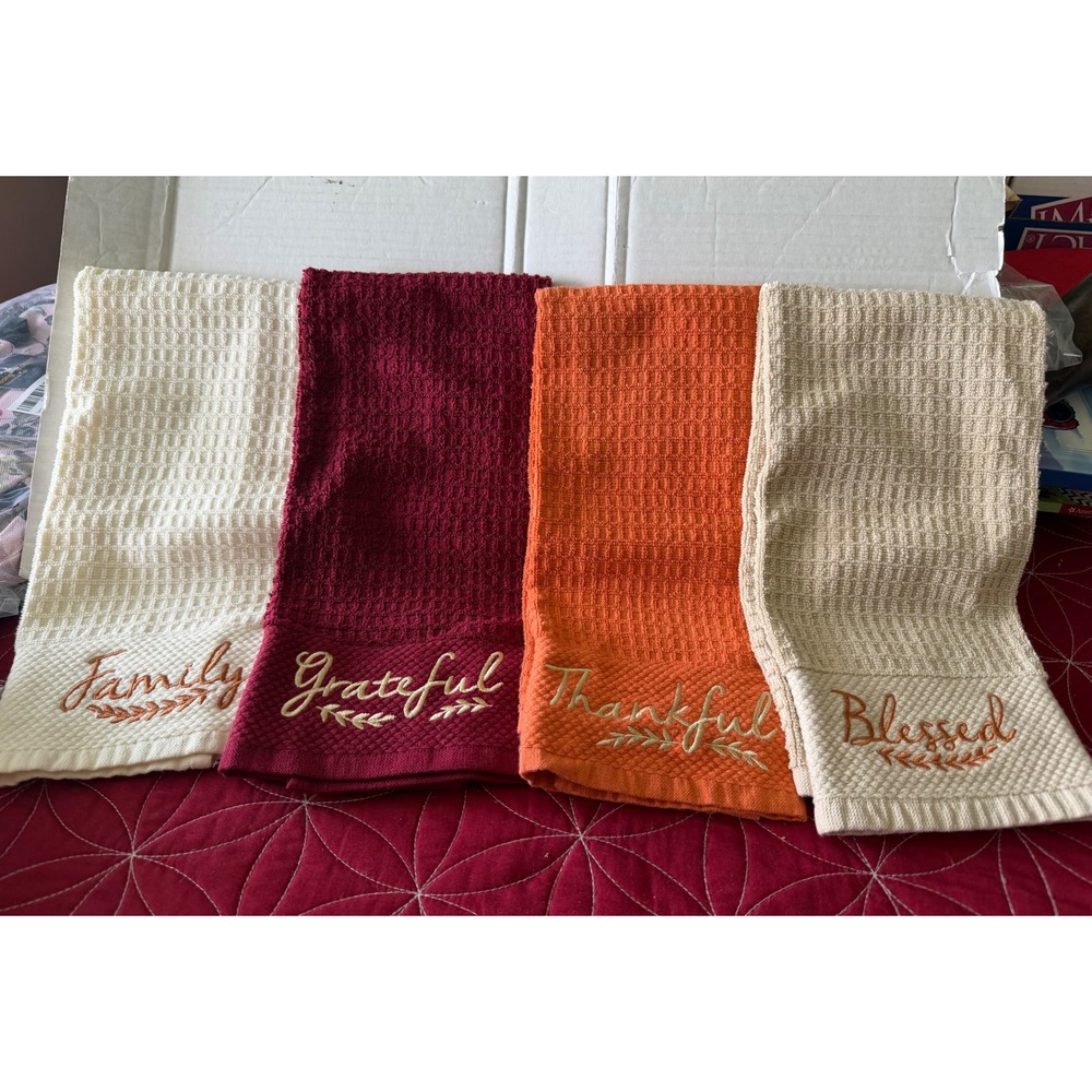 Deborah Connolly Designs Fall Kitchen Towels Set of 4 Waffle Weave Embroidered